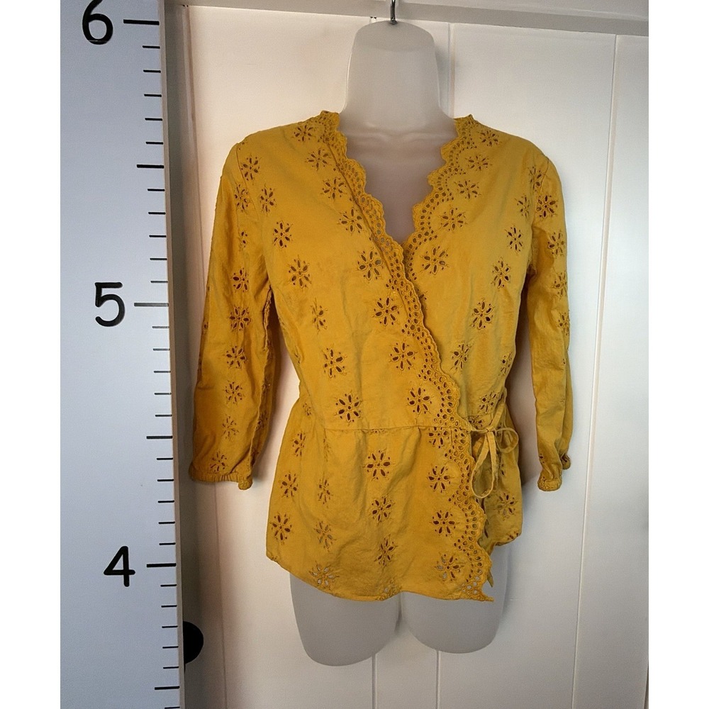 Madewell Scallop Eyelet Wrap Blouse XSmall Mustard Yellow Cottagecore Romantic